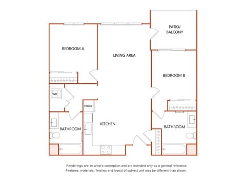 Floor plan for 2 beds, 2 baths, 960 sqft